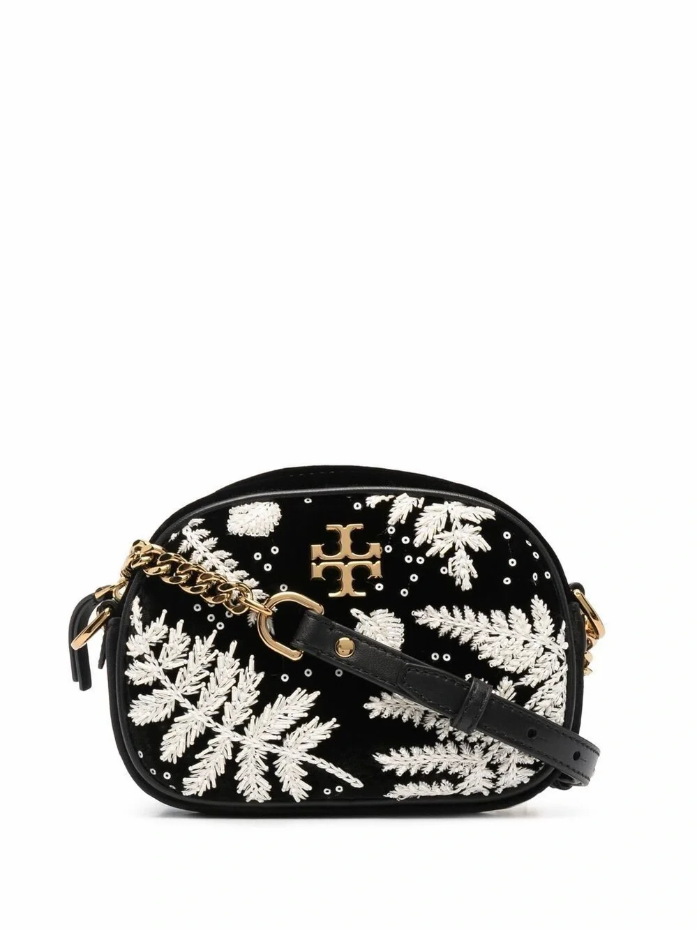 Tory Burch Kira Embroidered Velvet Camera Bag White Sequin Floral Embroidery